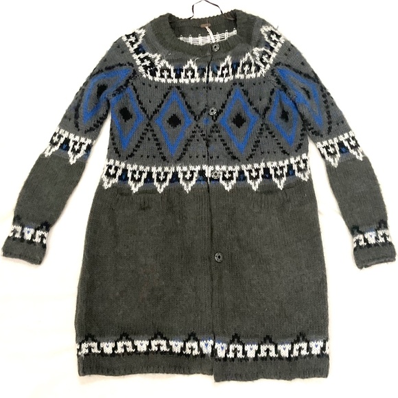 Free People Fair Isle Mohair Wool Blend Snap Button Cardigan Sweater Sz Xtra Sm - Picture 1 of 9